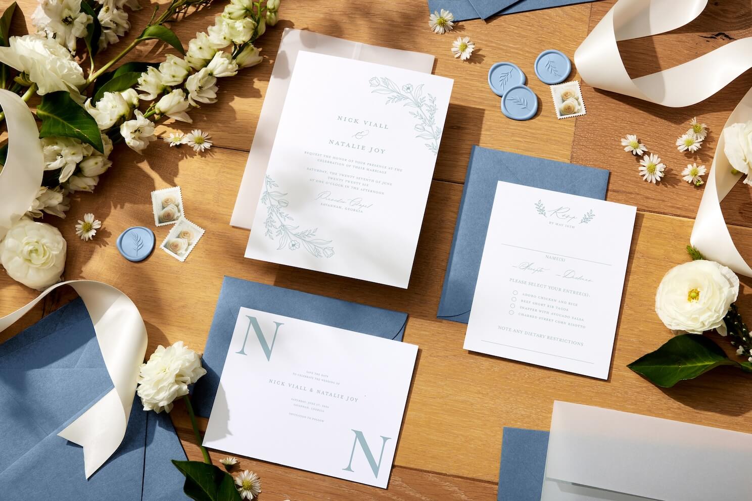 Invitation cards featuring Nick Viall and Natalie Joy