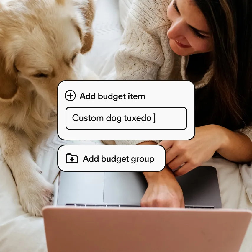 Adorable dog wearing floral collar at wedding celebration