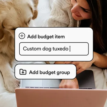 Adorable dog wearing floral collar at wedding celebration