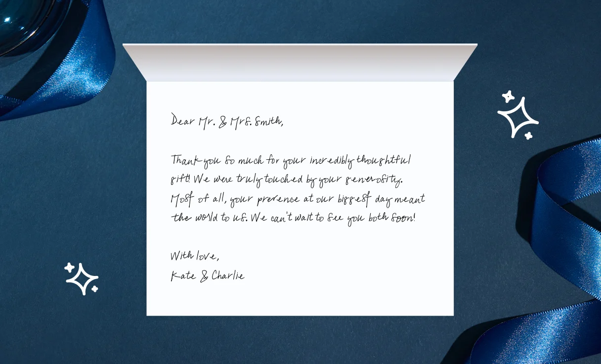 An open thank you card with handwritten text on a dark navy background
