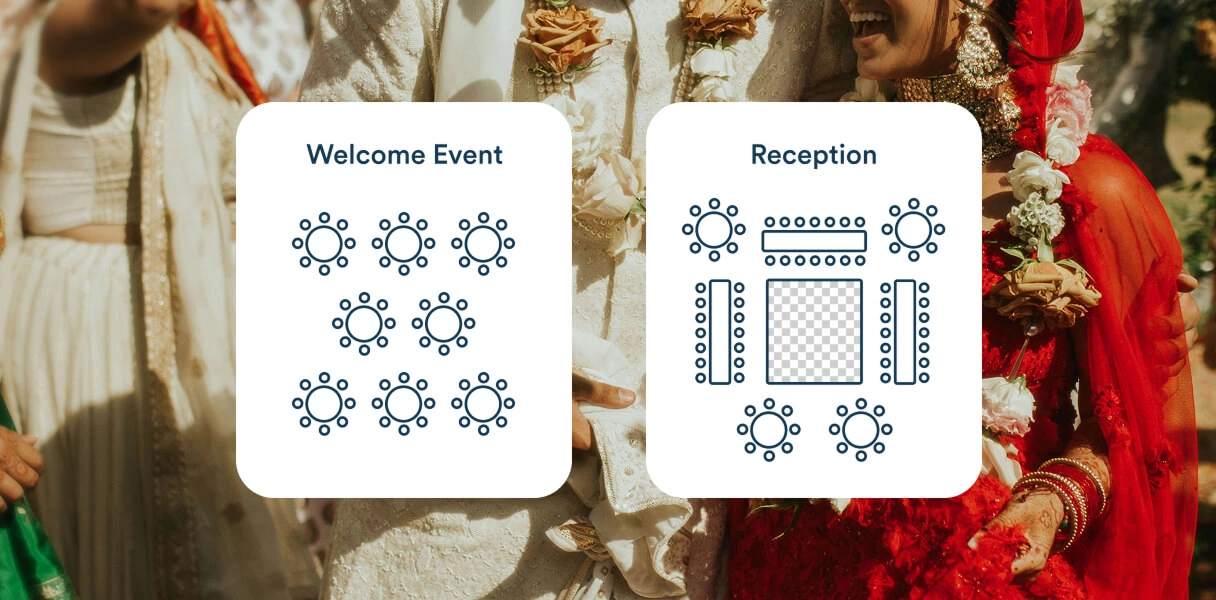 Zola seating chart tool showing separate floor plans for a Welcome Event and Reception