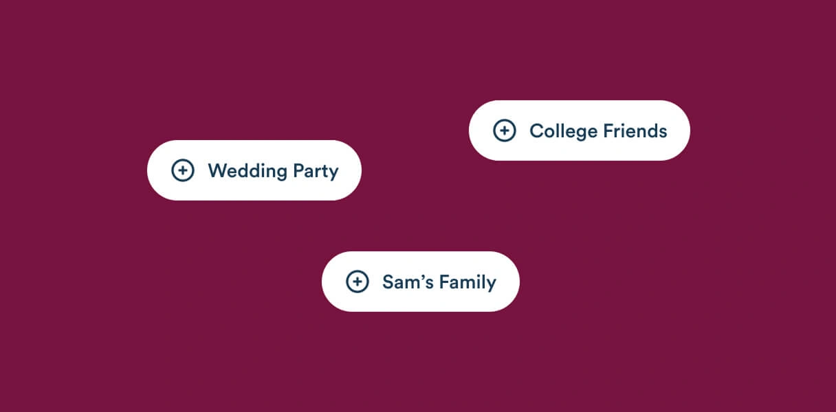Zola seating chart tool showing guest groups like Wedding Party, College Friends, and Sam's Family