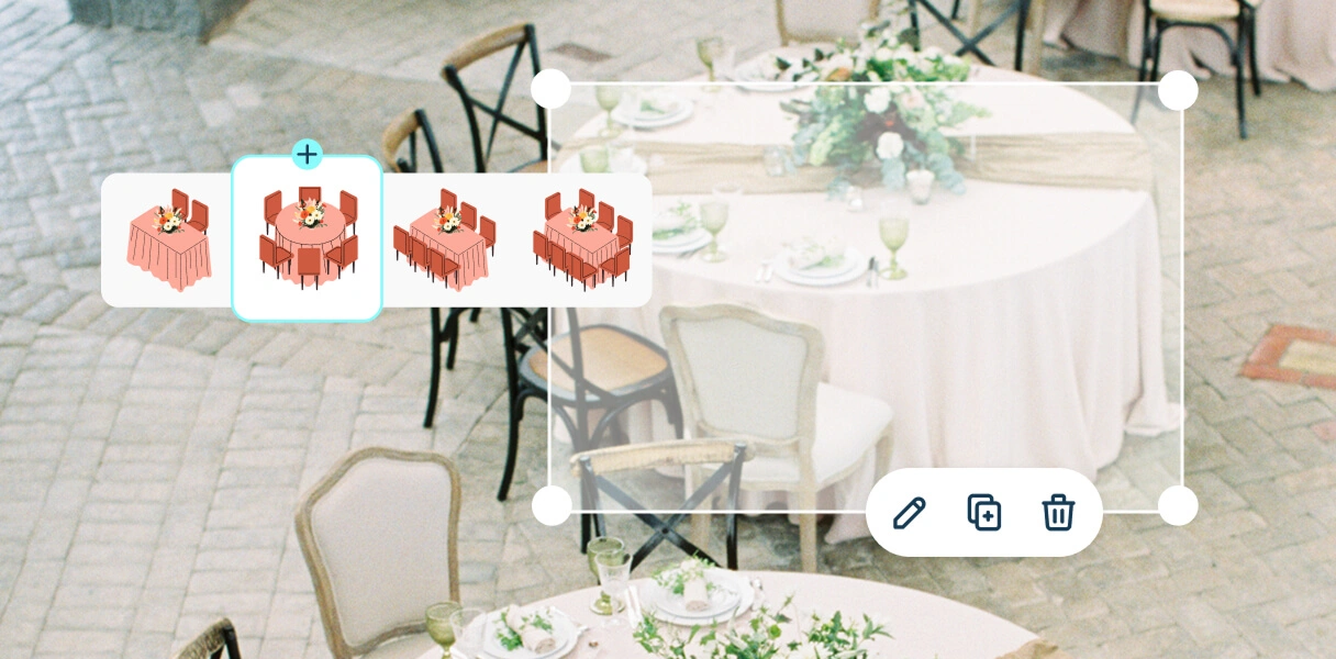 Zola seating chart tool showing table shape options over a reception photo
