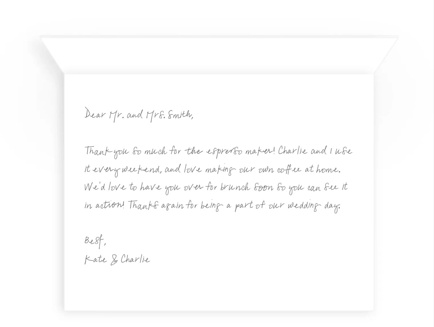 A wedding thank you card with a handwritten-style personalized message