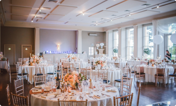 Venue with set table and chairs in foreground