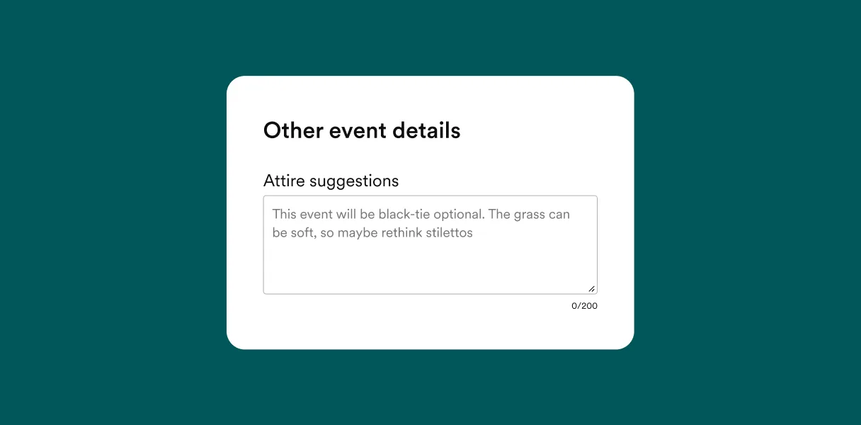 A Zola 'Other event details' card with attire suggestions