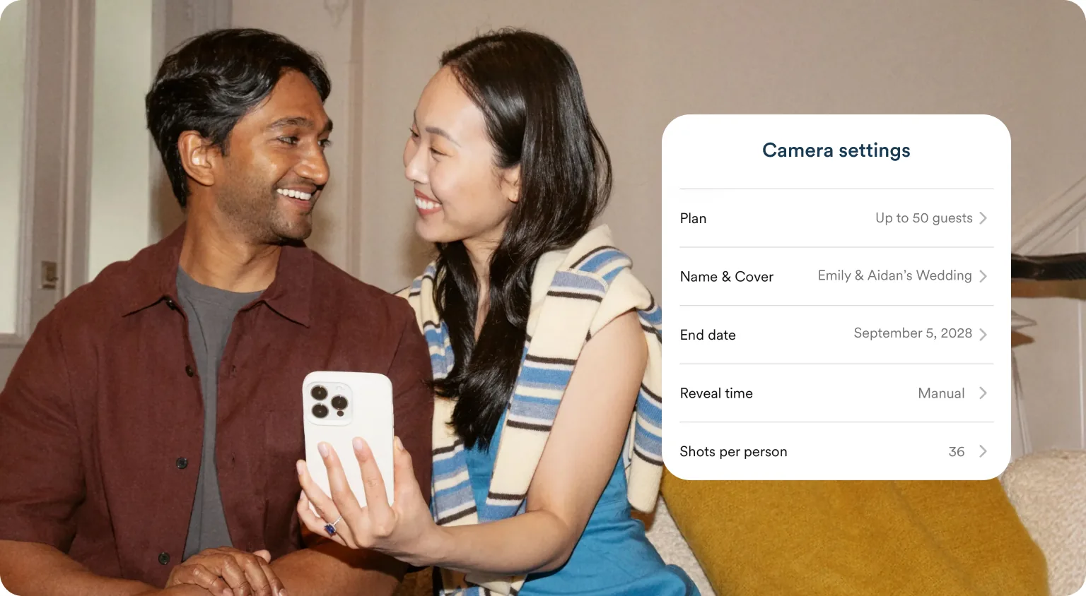 A couple takes a selfie next to a camera-settings screen showing plan, event name, and shots per guest