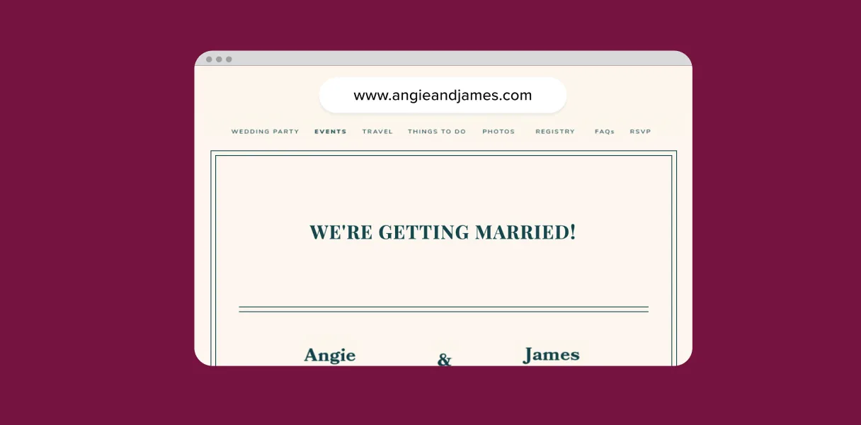 A browser showing a Zola wedding website at a custom domain