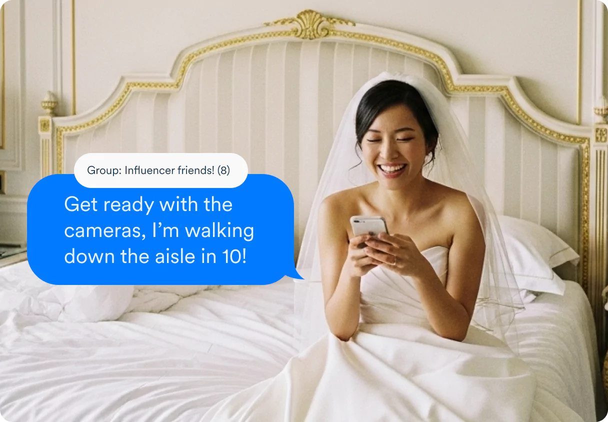 Bride texting a custom group of guests before bed