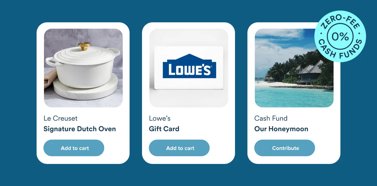 Three registry cards side by side — a Le Creuset Signature Dutch Oven, a Lowe’s gift card, and an Our Honeymoon cash fund — stamped zero-fee 0% cash funds