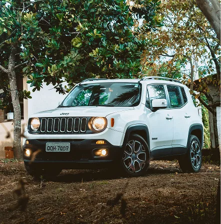 A white compact SUV parked on a dirt track under leafy trees