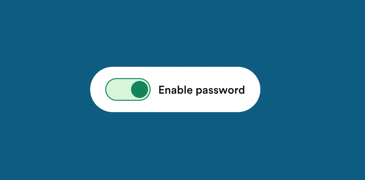 A Zola website setting with an 'Enable password' toggle turned on