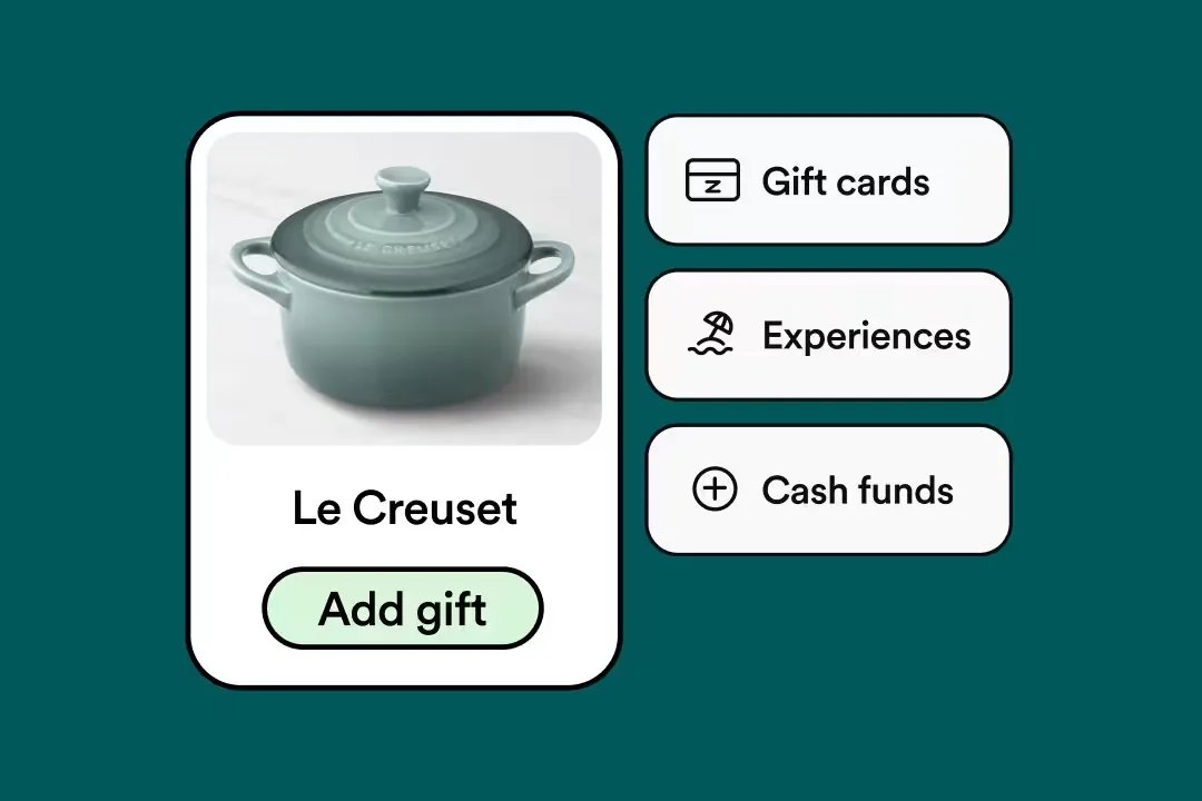 A Le Creuset gift on a Zola registry with gift cards, experiences, and cash funds