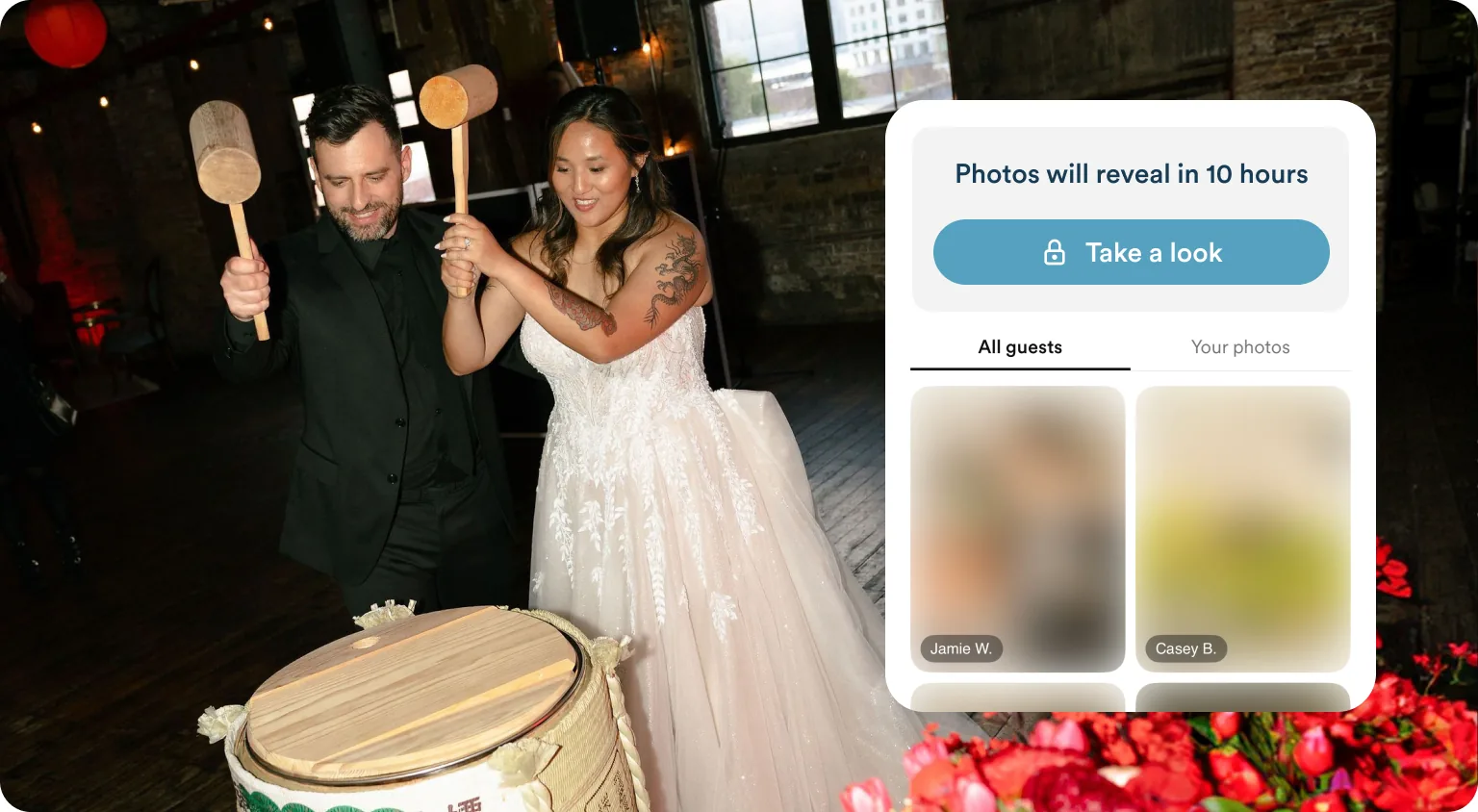 Newlyweds cut the cake beside a screen showing their guest photos will reveal in 10 hours