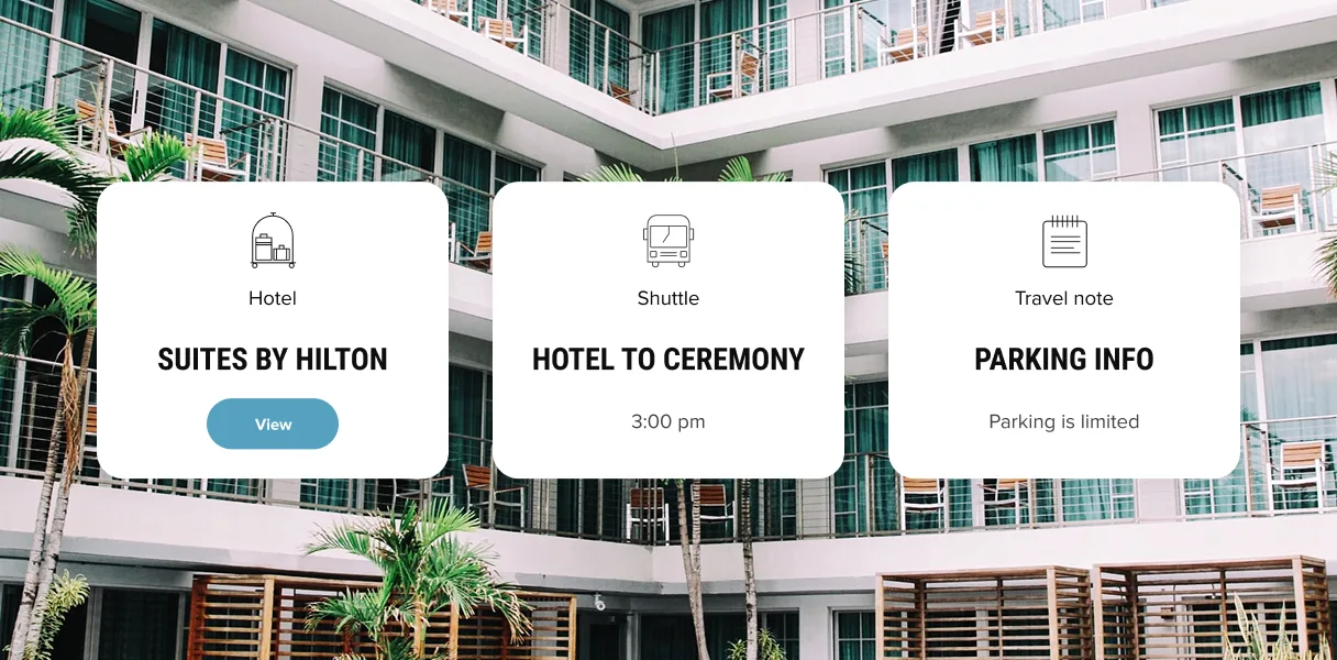 Hotel, shuttle, and parking info cards on a Zola wedding website travel page
