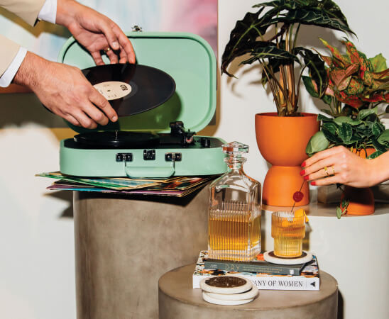 Vintage record player and drink set